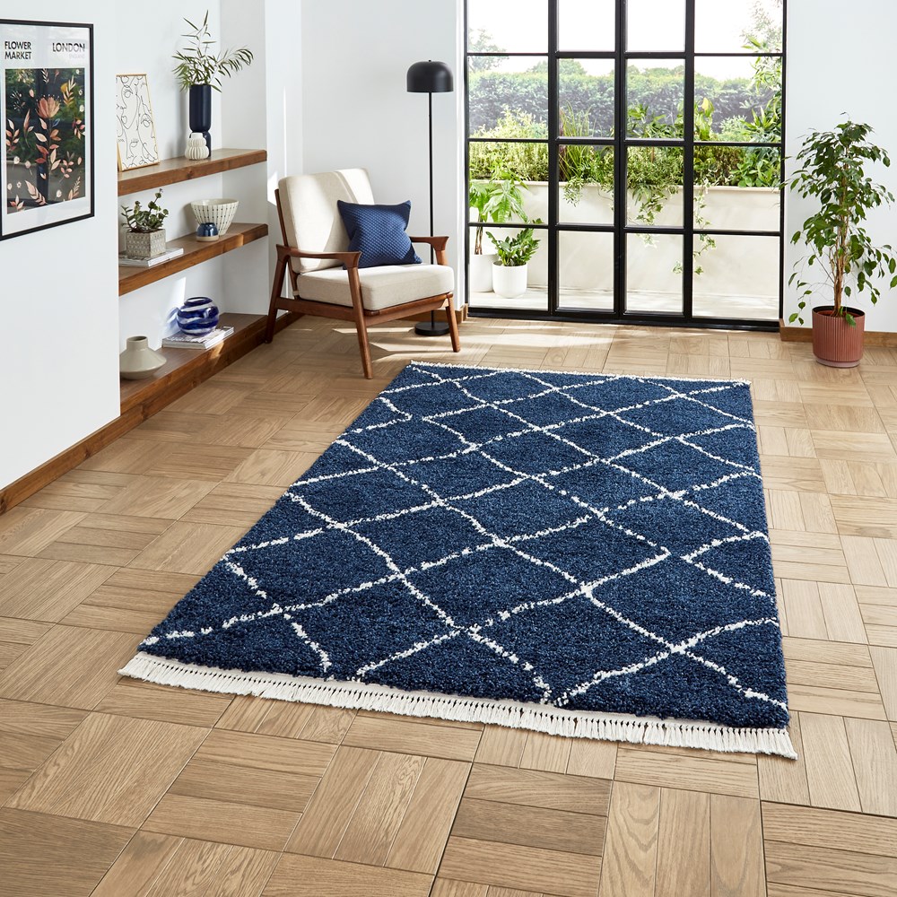 Boho 5413 Berber Shaggy Modern Rugs in Navy Blue